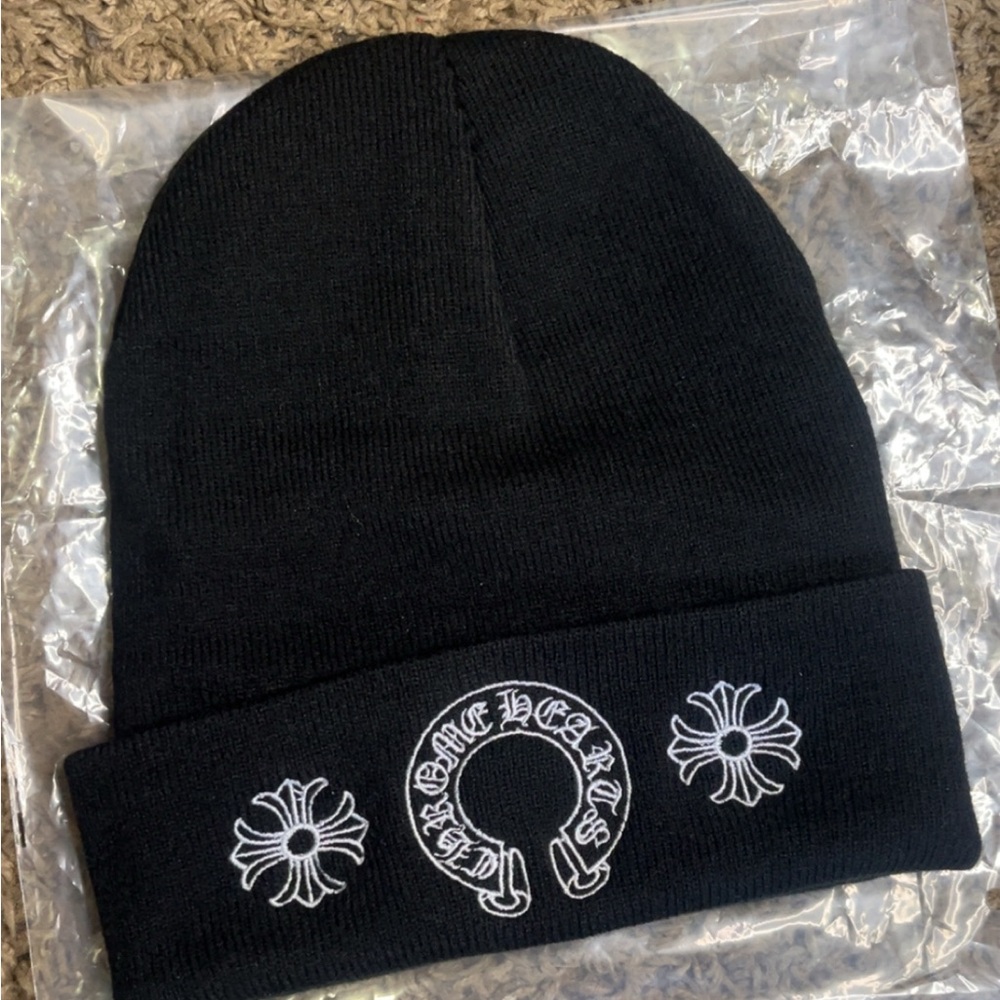 Chrome heart Beanie with White Embroidery